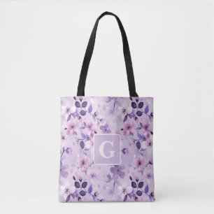 Purple cherry blossoms personalized monogram  tote bag