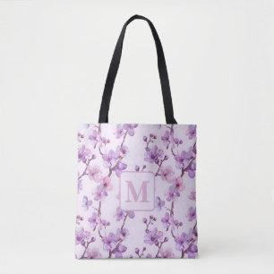 purple cherry blossoms personalized monogram tote bag