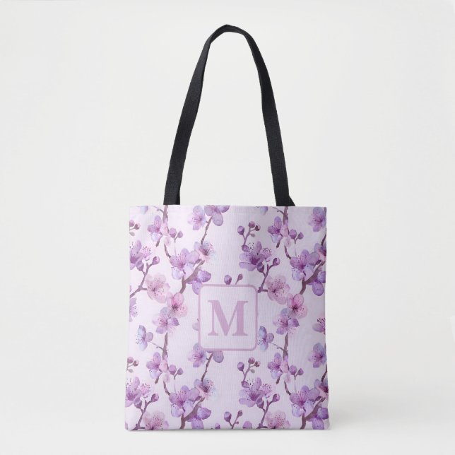purple cherry blossoms personalized monogram tote bag (Front)