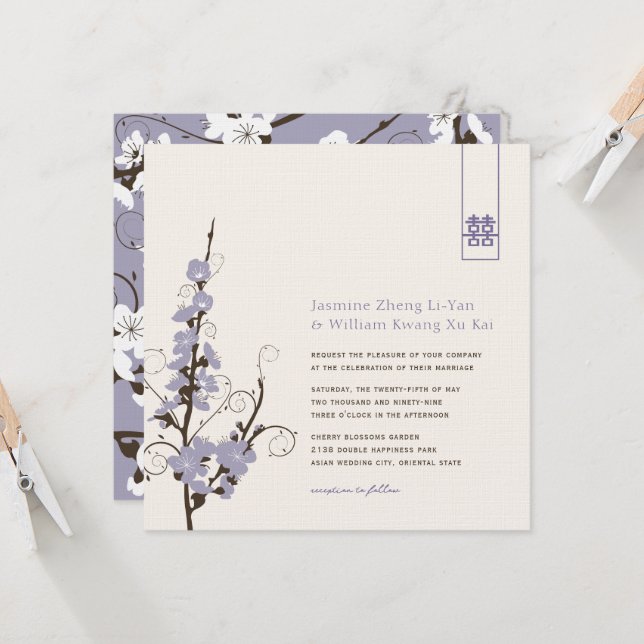 Purple Cherry Blossoms Sakura Swirls Asian Wedding Invitation (Front/Back In Situ)