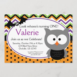 Purple Chevron and Polka Dots Owl Halloween Invite