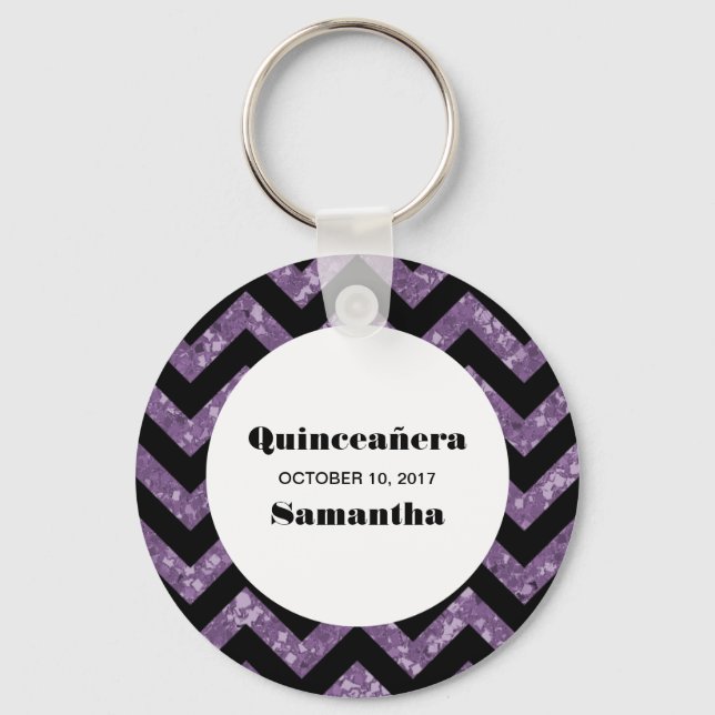 Purple Chevron Glitter Quinceañera Keychain (Front)