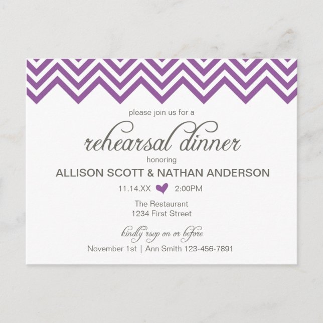 Purple Chevron Rehearsal Dinner Invite Postcard (Front)