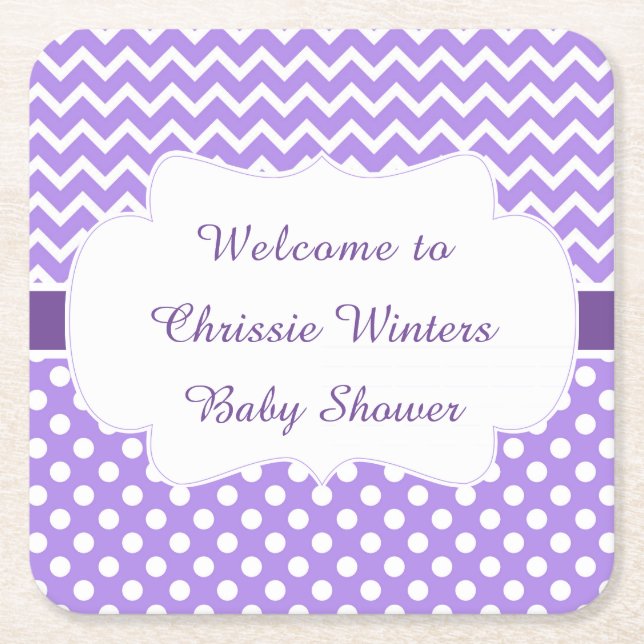 Purple Chevron & White Polka Dots Baby Shower Square Paper Coaster (Front)