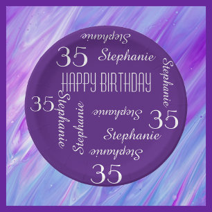 Purple Chic 35th Birthday Party Repeating Names Paper Plate