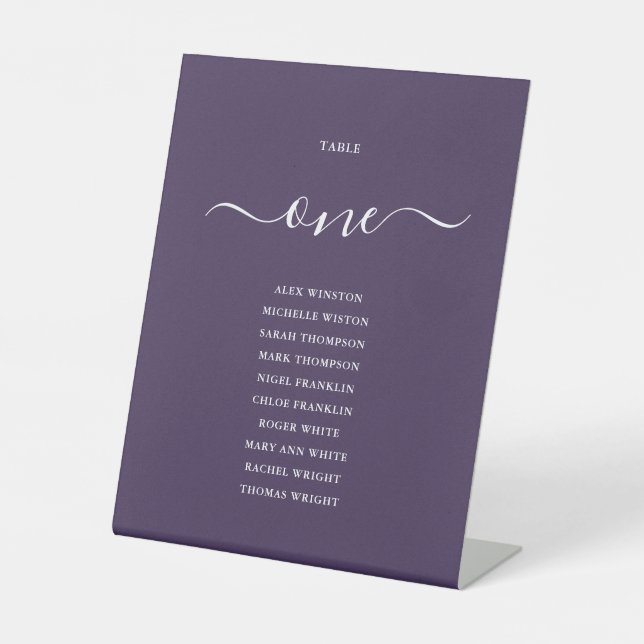 Purple Chic Script Table Number Seating Chart Pedestal Sign (Front)