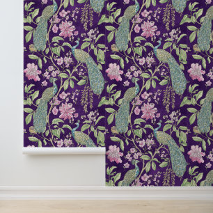 Purple Chinoiserie peacock floral peel and stick  Wallpaper