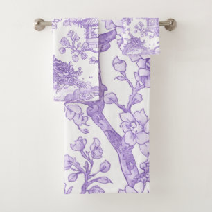 Purple Chinoiserie Toile Dragon Cherry Blossom Bath Towel Set