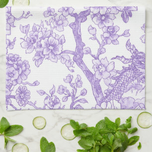 Purple Chinoiserie Toile Dragon Cherry Blossom Kitchen Towel