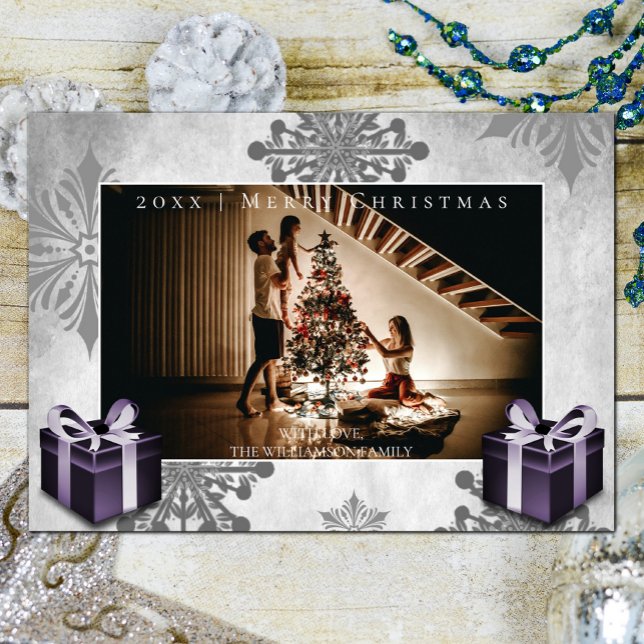 Purple Christmas Gifts and Snowflakes Photo Card (Purple Christmas Gifts and Snowflakes Holiday Photo Card)