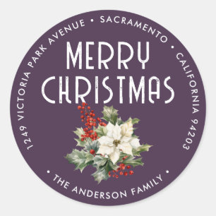 Purple Christmas Holly Berries Return Address Classic Round Sticker