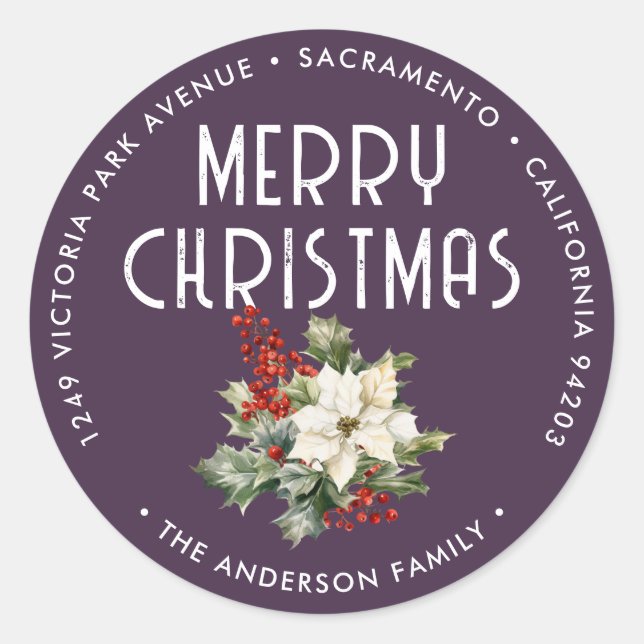 Purple Christmas Holly Berries Return Address Classic Round Sticker (Front)