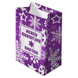 Purple Christmas Snowflakes Personalized Kids Medium Gift Bag