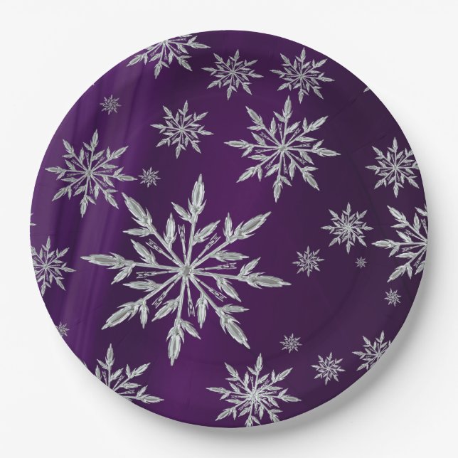 Purple Christmas stars with white ice crystal Paper Plate (Front)