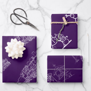 Purple Christmas Train, Camels, Snowmen Wrapping Paper Sheet