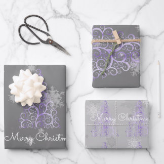 Purple Christmas Tree and Snowflakes Wrapping Paper Sheet