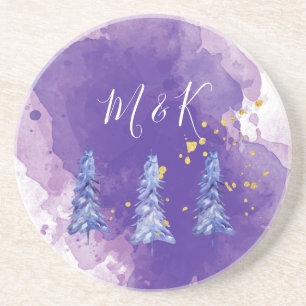 Purple Christmas Tree Golden Snowflakes Coaster