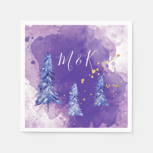 Purple Christmas Tree Golden Snowflakes Napkin (Front)