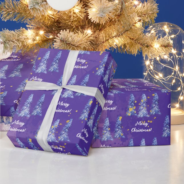 Purple Christmas Tree Golden Snowflakes Wrapping Paper (Holidays)