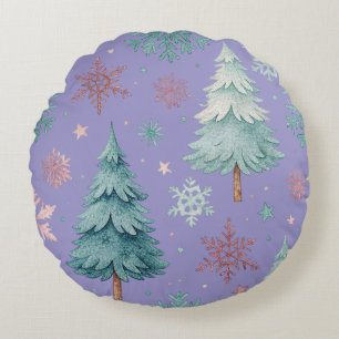 Purple Christmas Tree & Snowflake Round Pillow