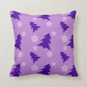 Purple Christmas Trees and White Snowflakes Throw Pillow