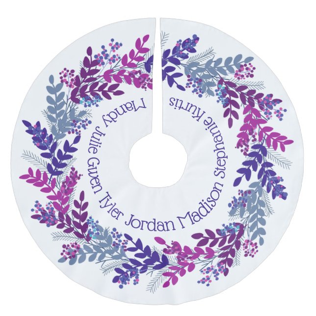 Purple Christmas Wreath Family Names Brushed Polyester Tree Skirt (Front)
