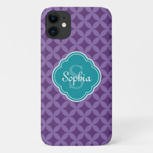 Purple Circle Leaf Pattern Teal Monogram iPhone 11 Case