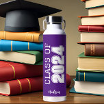 Purple Class of 2024 Personalized Graduation Water Bottle<br><div class="desc">This classic purple custom senior graduate water bottle features bold white typography reading class of 2024 in varsity letters for a high school or college graduation party keepsake gift. Customize with your name in elegant cursive script underneath for a great commemorative favour.</div>