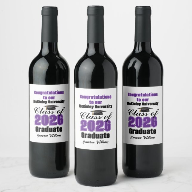 Purple Class of 2026 Graduation Party Custom Wine Label (Bottles)