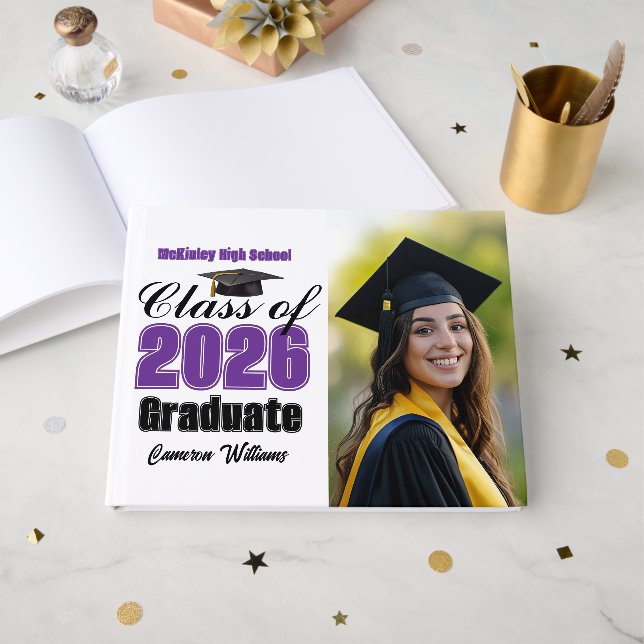 Purple Class of 2026 Graduation Photo Guest Book (Front Open)