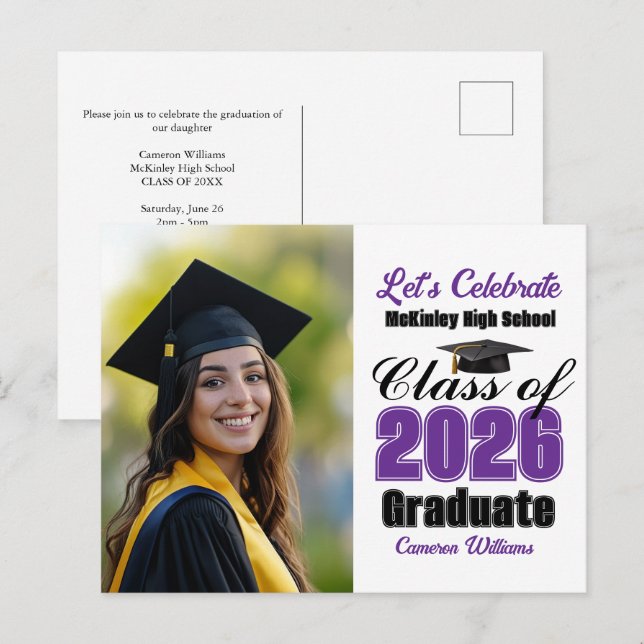 Purple Class of 2026 Photo Graduation Party Invitation Postcard (Front/Back)