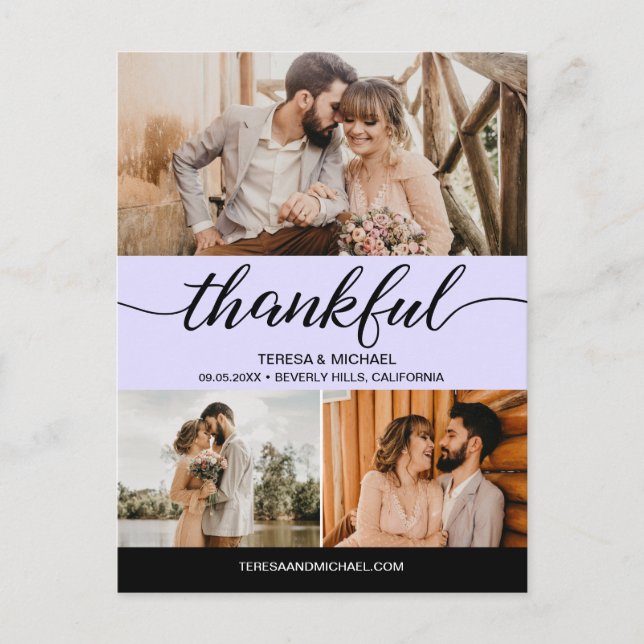 Purple Classic Thankful Script 3 Photo Wedding Postcard (Front)
