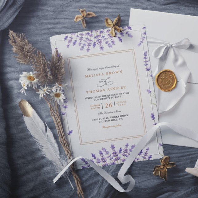 Purple Classic Watercolor Lavender QR Code Wedding Invitation (Creator Uploaded)