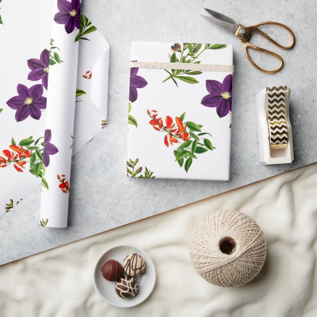 Purple Clematis and Wildflower Floral  Wrapping Paper (Crafts)
