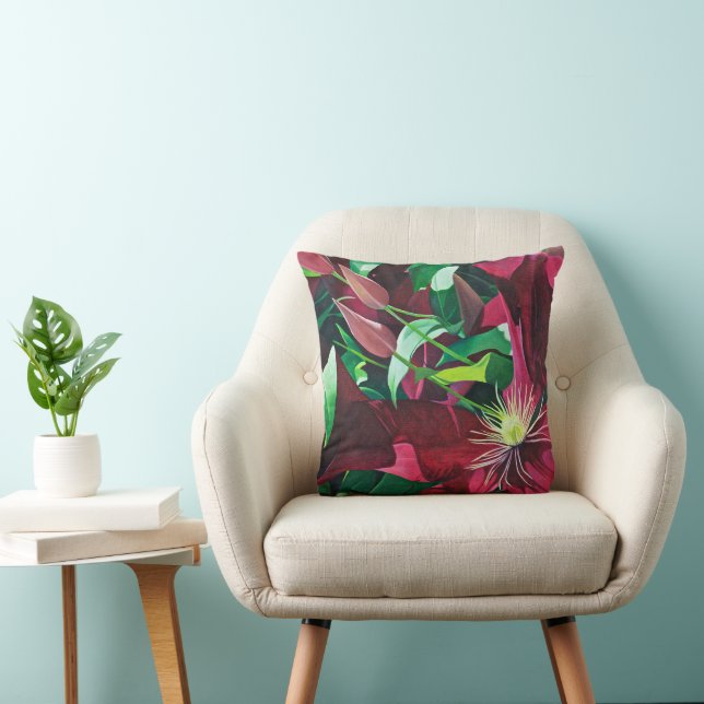 Purple Clematis Flower Square Throw Pillow (Chair)