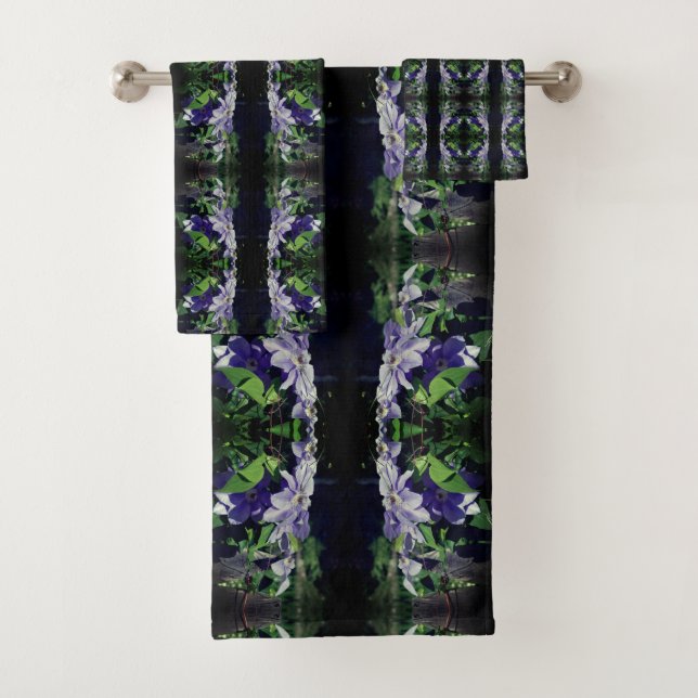 Purple Clematis On Fence In Sunlight Abstract Bath Towel Set (Insitu)