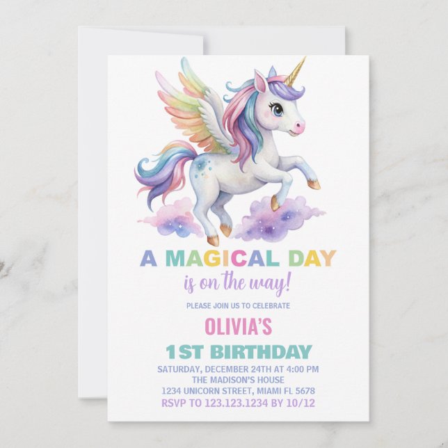 Purple Cloud Unicorn Birthday Invitations (Front)