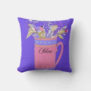Purple Colorful Flowers In A Mug Original Design Throw Pillow