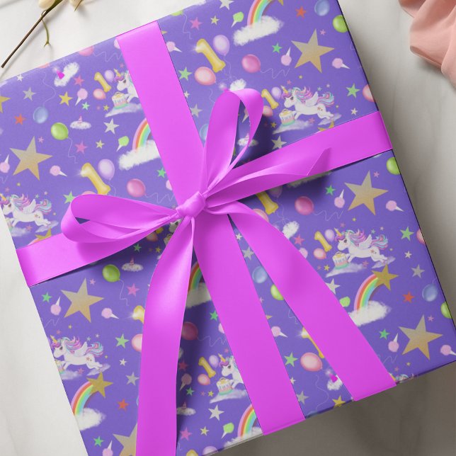 Purple Coloured 1st Birthday Unicorn Pattern Wrapping Paper (Creator Uploaded)