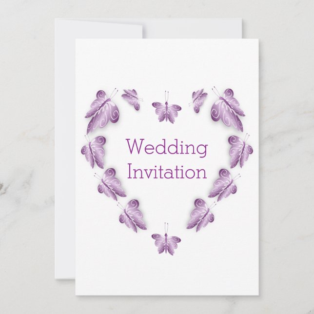 Purple Coloured Butterflies Design Wedding Invitation (Front)