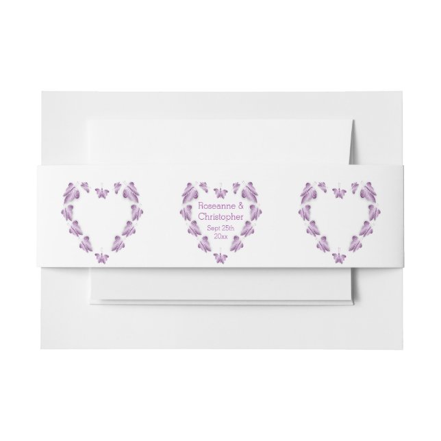 Purple Coloured Butterflies Design Wedding Invitation Belly Band (Front Example)
