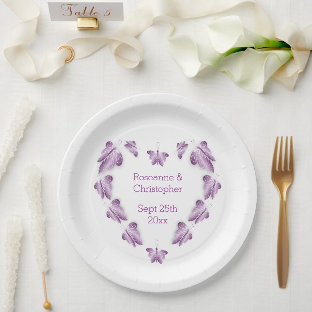 Purple Coloured Butterflies Design Wedding Paper Plate (Wedding)