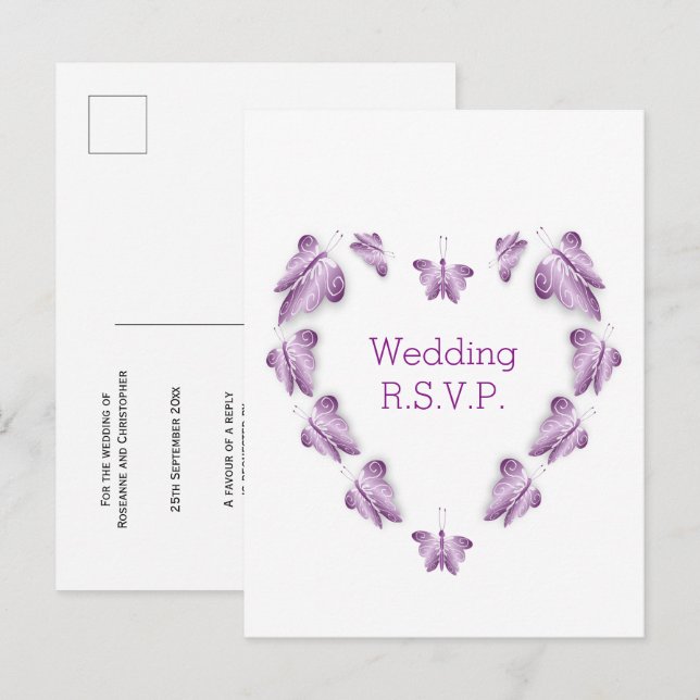 Purple Coloured Butterflies Design Wedding RSVP Invitation Postcard (Front/Back)