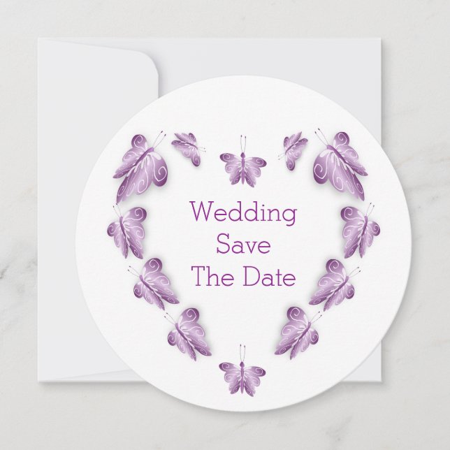 Purple Coloured Butterflies Design Wedding Save The Date (Front)
