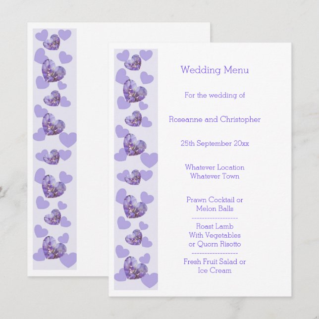 Purple Coloured Wisteria Heart Design Wedding Menu (Front/Back)