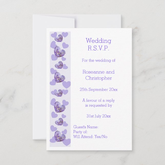 Purple Coloured Wisteria Heart Design Wedding RSVP Card (Front)