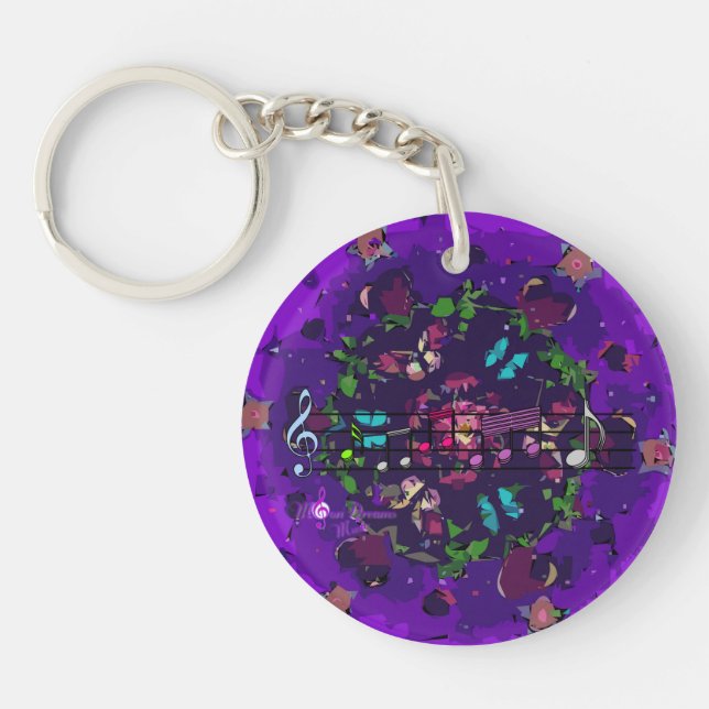 Purple Colourful Abstract Flowers & Music Keychain (Front)