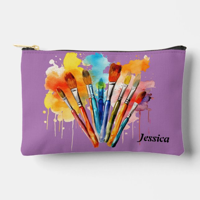 Purple Colourful Art Themed Pencil Toiletry School Accessory Pouch (Front)