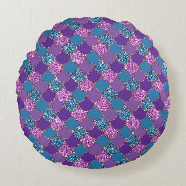 Purple Colourful Mermaid Glitter Round Pillow (Front)