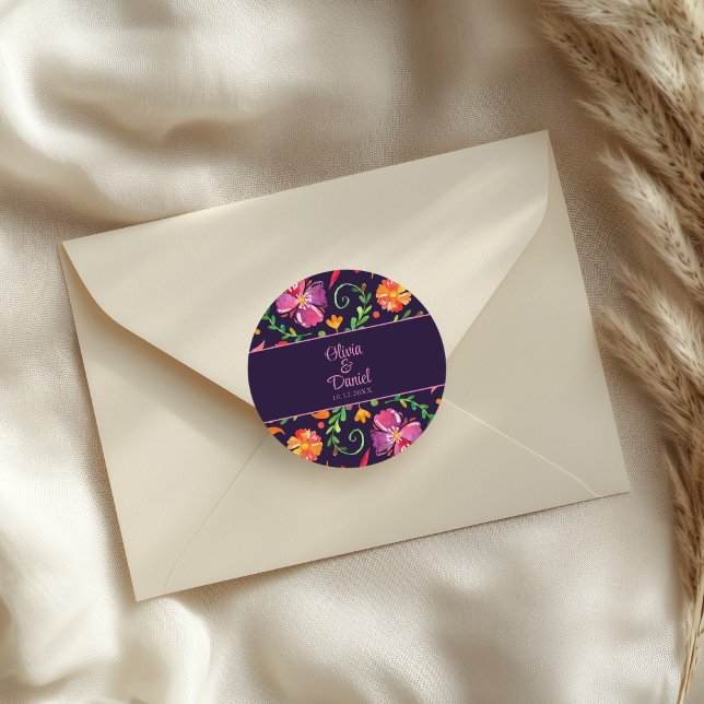 Purple Colourful Mexican Floral Fiesta Wedding  Classic Round Sticker (Purple Colorful Mexican Floral Fiesta Wedding Classic Round Sticker on an elegant wedding envelope.)
